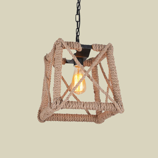 Country Style Black Metal Hanging Ceiling Light With Caged Bulb And Globe/Square Shade – Rope