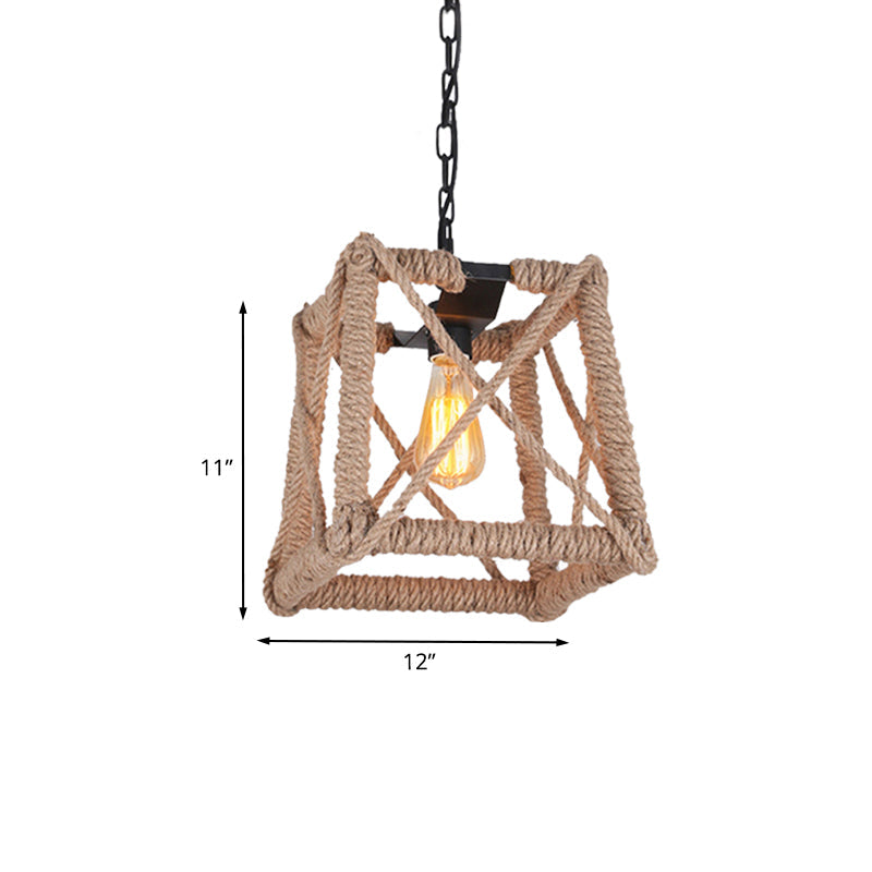 Country Style Black Metal Hanging Ceiling Light With Caged Bulb And Globe/Square Shade – Rope