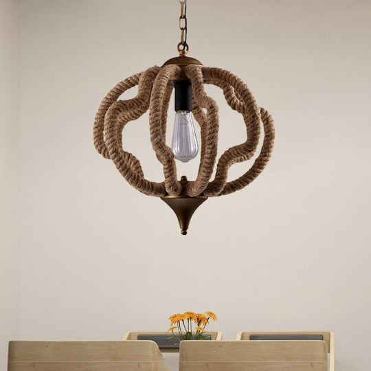 Country Style Black Metal Hanging Ceiling Light With Caged Bulb And Globe/Square Shade – Rope