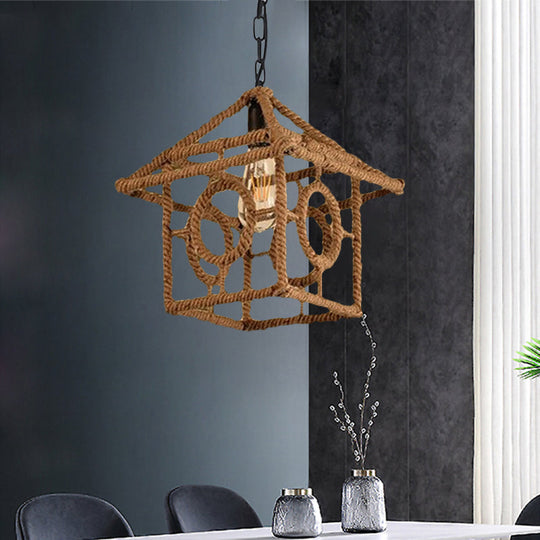 Country Style Black Metal Hanging Ceiling Light With Caged Bulb And Globe/Square Shade – Rope