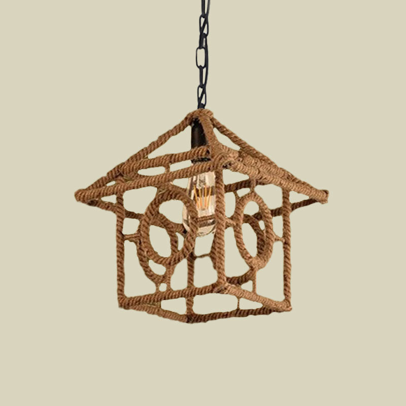 Country Style Black Metal Hanging Ceiling Light With Caged Bulb And Globe/Square Shade – Rope