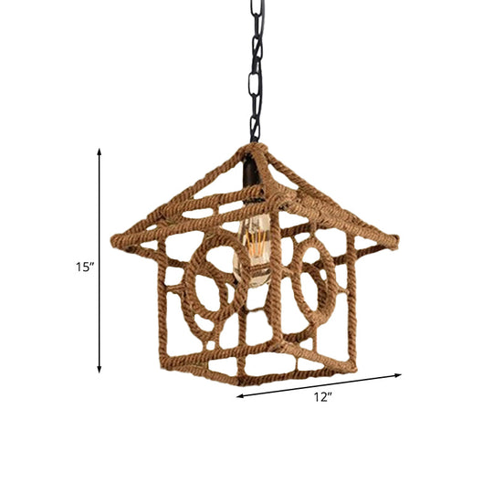 Country Style Black Metal Hanging Ceiling Light With Caged Bulb And Globe/Square Shade – Rope