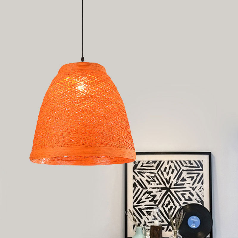 Lodge Style 1-Light Weave Tapered Pendant Lamp In Orange/Brown - Dining Table Hanging Fixture