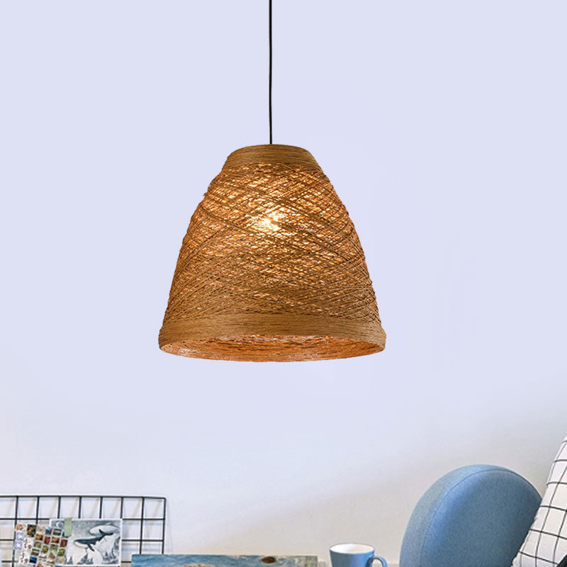 Lodge Style 1-Light Weave Tapered Pendant Lamp In Orange/Brown - Dining Table Hanging Fixture