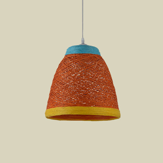Lodge Style 1-Light Weave Tapered Pendant Lamp In Orange/Brown - Dining Table Hanging Fixture