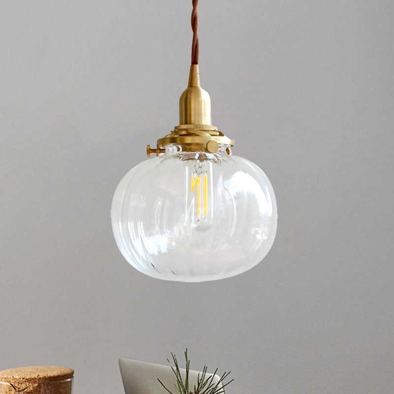 Brass Suspension Light Melon Shape Fluted Glass Pendant Lamp For Corridor