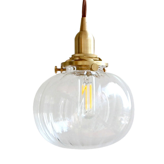 Brass Suspension Light Melon Shape Fluted Glass Pendant Lamp For Corridor