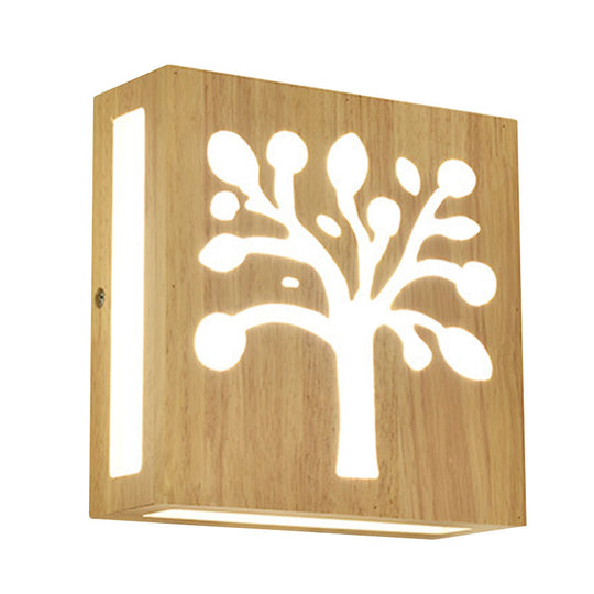 Modern Led Wood Square Wall Sconce: Beige Bedside Light With Cute Pattern