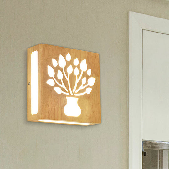 Modern Led Wood Square Wall Sconce: Beige Bedside Light With Cute Pattern