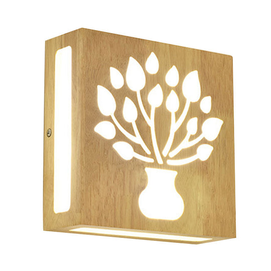 Modern Led Wood Square Wall Sconce: Beige Bedside Light With Cute Pattern