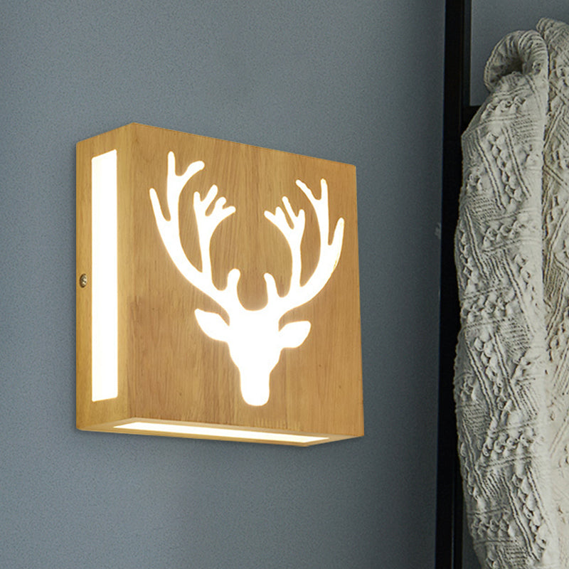 Modern Led Wood Square Wall Sconce: Beige Bedside Light With Cute Pattern / White C