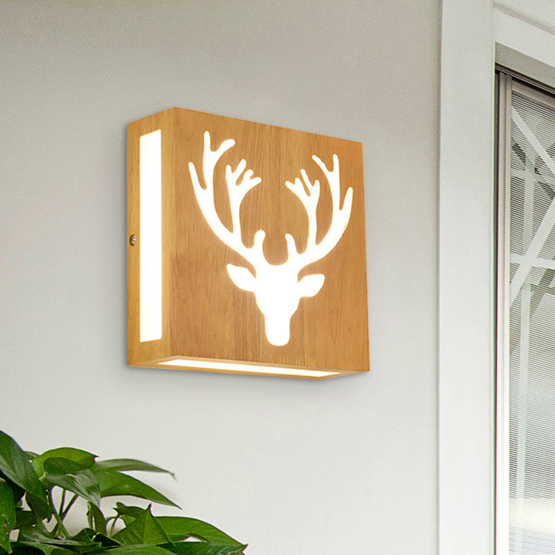 Modern Led Wood Square Wall Sconce: Beige Bedside Light With Cute Pattern