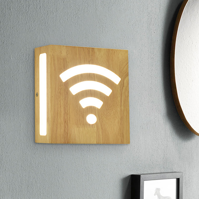 Modern Led Wood Square Wall Sconce: Beige Bedside Light With Cute Pattern