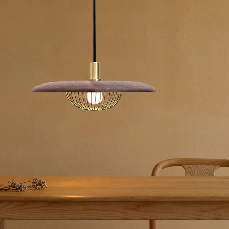 Iron Wire Domed Pendant Light With Wooden Shade - Modern And Suspended Lighting