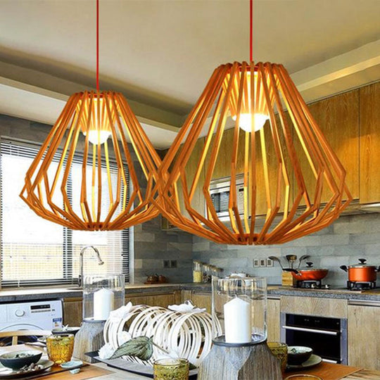 Asian Style Wood Pendant Light With Diamond Café Design - 1 Head Beige Suspension For Dining Room /
