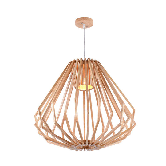 Diamond Cafe Pendant Light - Asian Style Wood Suspension 1 Head Beige