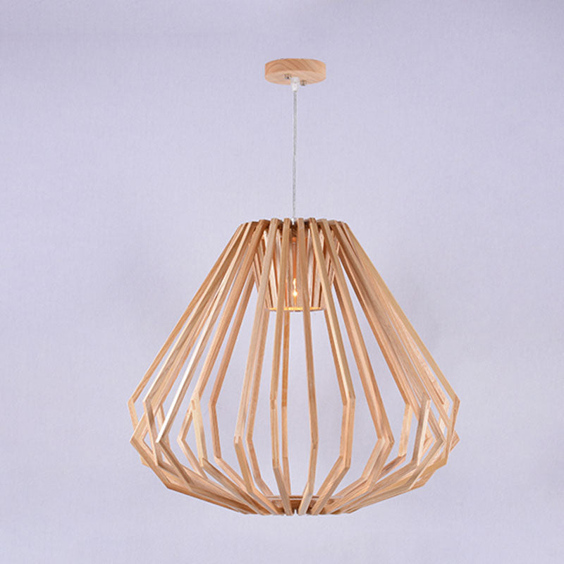 Asian Style Wood Pendant Light With Diamond Café Design - 1 Head Beige Suspension For Dining Room