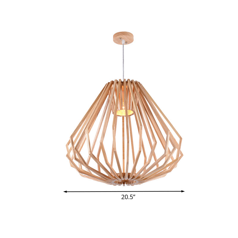 Diamond Cafe Pendant Light - Asian Style Wood Suspension 1 Head Beige