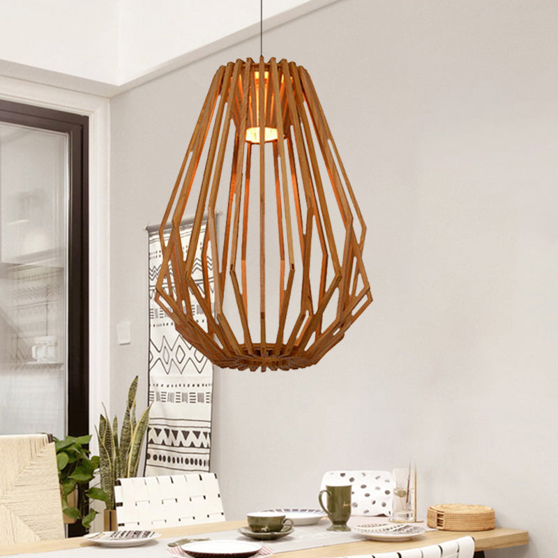 Asian Style Wood Pendant Light With Diamond Café Design - 1 Head Beige Suspension For Dining Room /