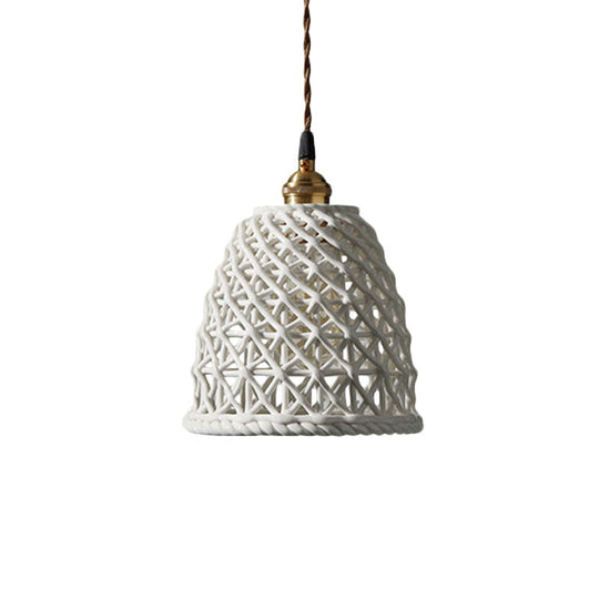 Nordic Grid Dome Pendant Light - 6.5’/8’ Single Bulb Ceramic Hanging Lamp For Dining Room &