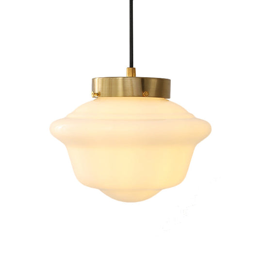 Minimalist Single Brass Hanging Ceiling Light - White Glass Pendant With Gyro Shape For Restaurants