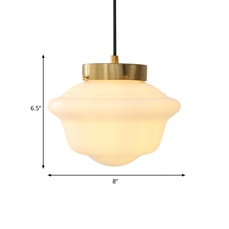 Minimalist Single Brass Hanging Ceiling Light - White Glass Pendant With Gyro Shape For Restaurants