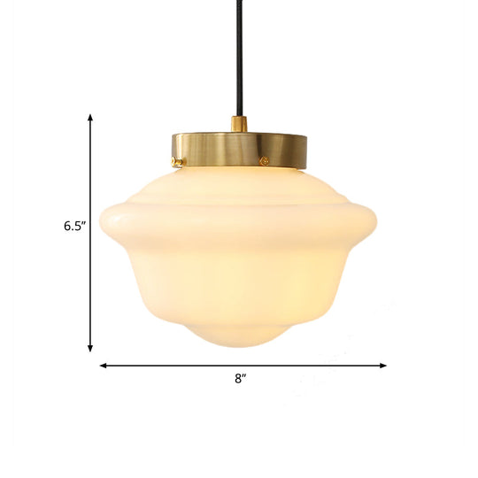Minimalist Single Brass Hanging Ceiling Light - White Glass Pendant With Gyro Shape For Restaurants