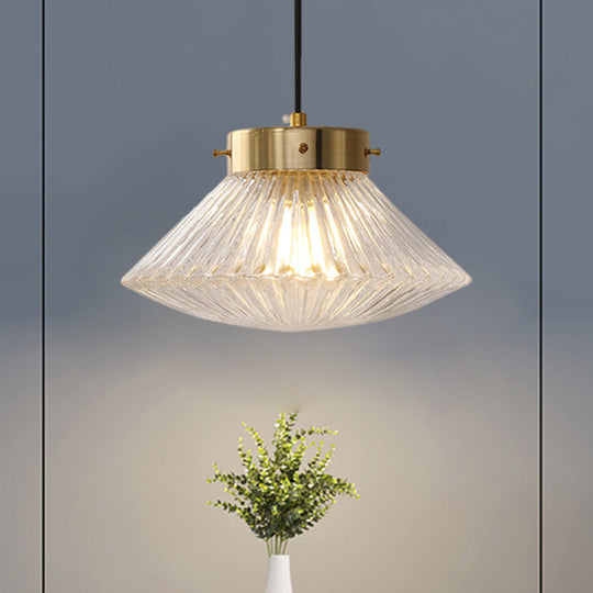 Postmodern Brass Pendant Light Fixture With Clear Ribbed Glass Shade
