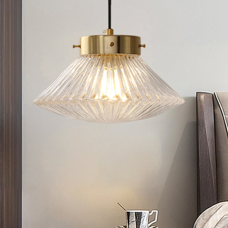 Postmodern Brass Pendant Light Fixture With Clear Ribbed Glass Shade