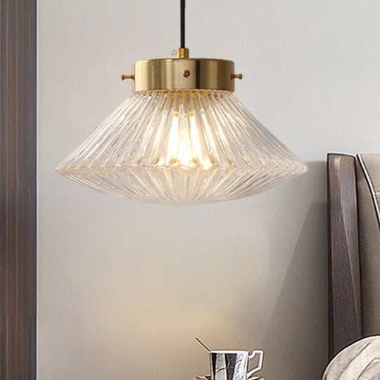 Postmodern Brass Pendant Light Fixture With Clear Ribbed Glass Shade