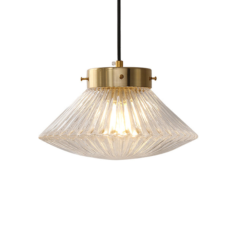 Postmodern Brass Pendant Light Fixture With Clear Ribbed Glass Shade