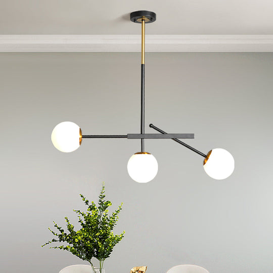 Modern Black-Gold Opal Glass Chandelier - Branching Suspension Pendant With 3 Lights