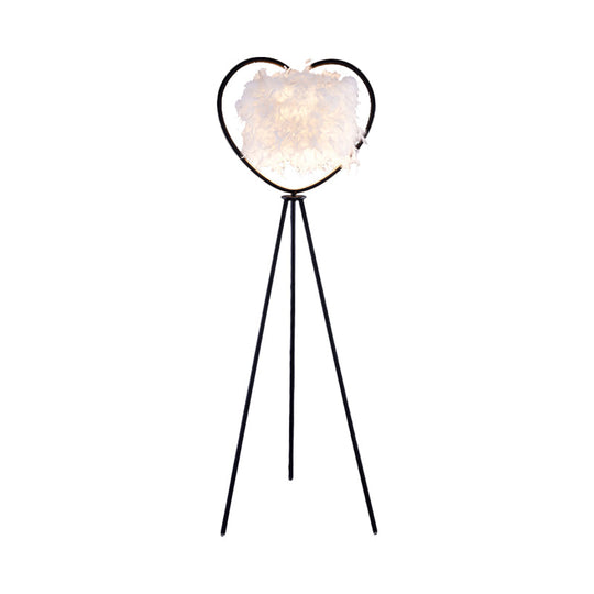 Modern Metallic 1-Head Black/Gold Finish Floor Lamp With Feather Shade & Loving Heart Frame