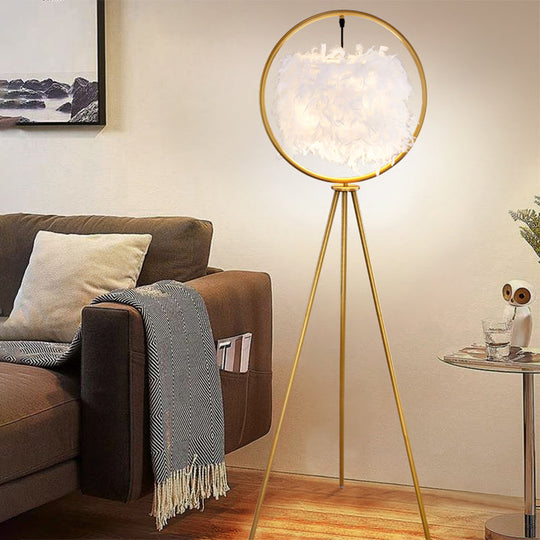 Postmodern Black/Gold Tripod Floor Lamp With Feather Shade - 1-Bulb Metal Standing Light