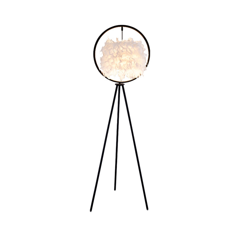 Postmodern Black/Gold Tripod Floor Lamp With Feather Shade - 1-Bulb Metal Standing Light