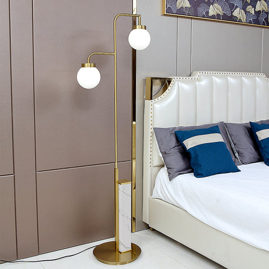 Modern Gold Post Ball Floor Lamp With Frosted Glass Shade - 2-Headed Living Room Tree Light
