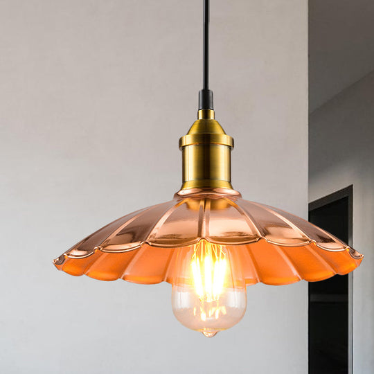 Copper Industrial Scalloped Pendant Lighting - 1 Light Metallic Hanging Lamp For Bedroom