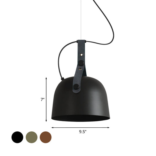 Industrial Style Dome Hanging Lamp In Black/Silver/Copper With Leather Strap - 7’/9.5’ Dia 1