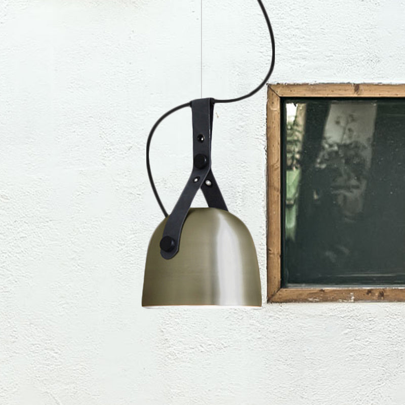 Industrial Style Dome Hanging Lamp In Black/Silver/Copper With Leather Strap - 7’/9.5’ Dia 1