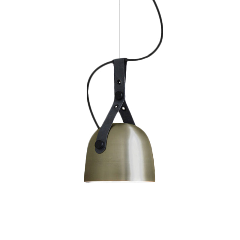 Industrial Style Dome Hanging Lamp In Black/Silver/Copper With Leather Strap - 7’/9.5’ Dia 1