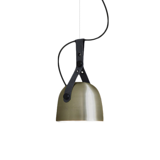 Industrial Style Dome Hanging Lamp In Black/Silver/Copper With Leather Strap - 7’/9.5’ Dia 1