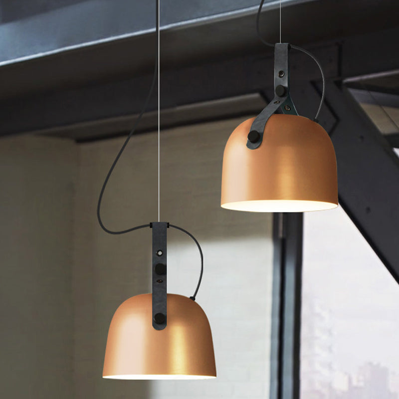 Industrial Style Dome Hanging Lamp In Black/Silver/Copper With Leather Strap - 7’/9.5’ Dia 1