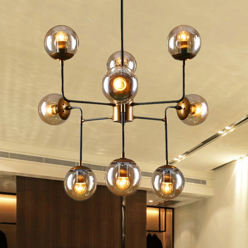 Modern Black Chrome Glass Globe Chandelier Pendant Light - Industrial Style 8/9 Lights For Living
