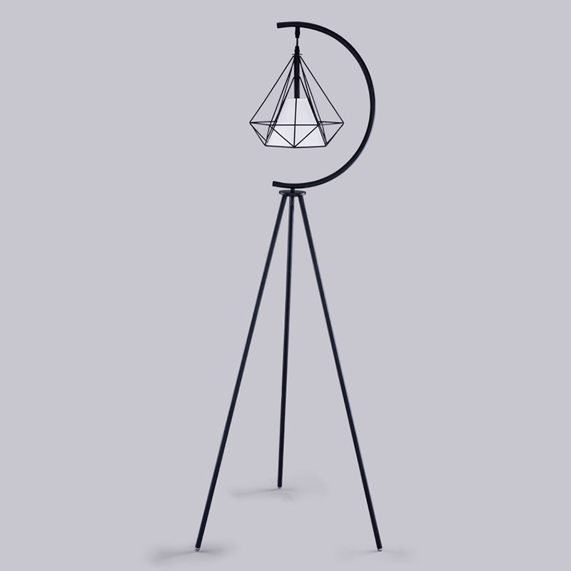 Modernist Black/Gold Diamond Cage Floor Lamp With Tri-Leg Stand - 1 Light Metal