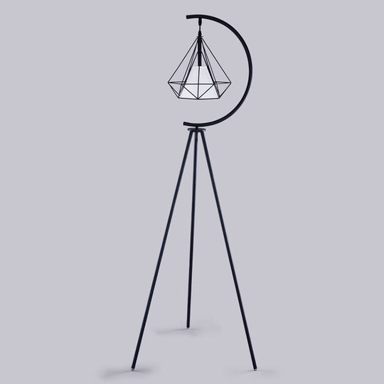 Modernist Black/Gold Diamond Cage Floor Lamp With Tri-Leg Stand - 1 Light Metal