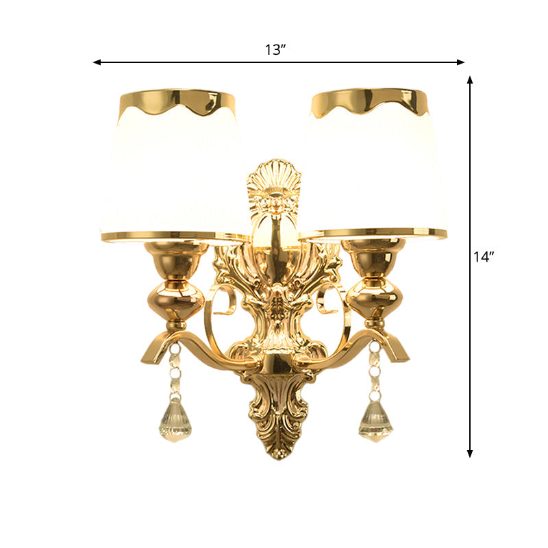 Barrel Shade Opal Glass Wall Lamp - Modern 2-Light Fixture For Bedroom In Gold