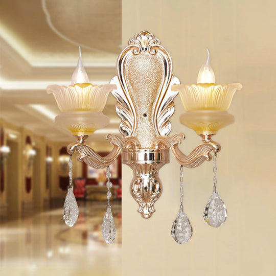 Mid-Century Crystal Wall Sconce With 2-Bulb Floral Design In Gold For Living Room Lighting