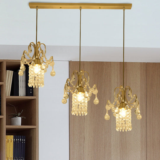 Minimalist Brass Cylindrical Island Pendant Light With Crystal Drip - 3 Bulb Suspension Lamp