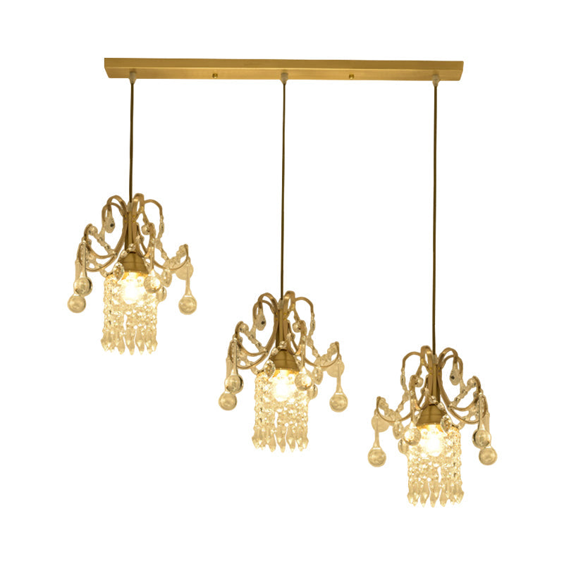 Minimalist Brass Cylindrical Island Pendant Light With Crystal Drip - 3 Bulb Suspension Lamp