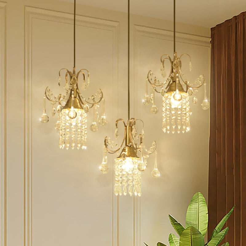 Modernist Crystal Droplet 3-Light Brass Pendant Ceiling Light For Dining Room